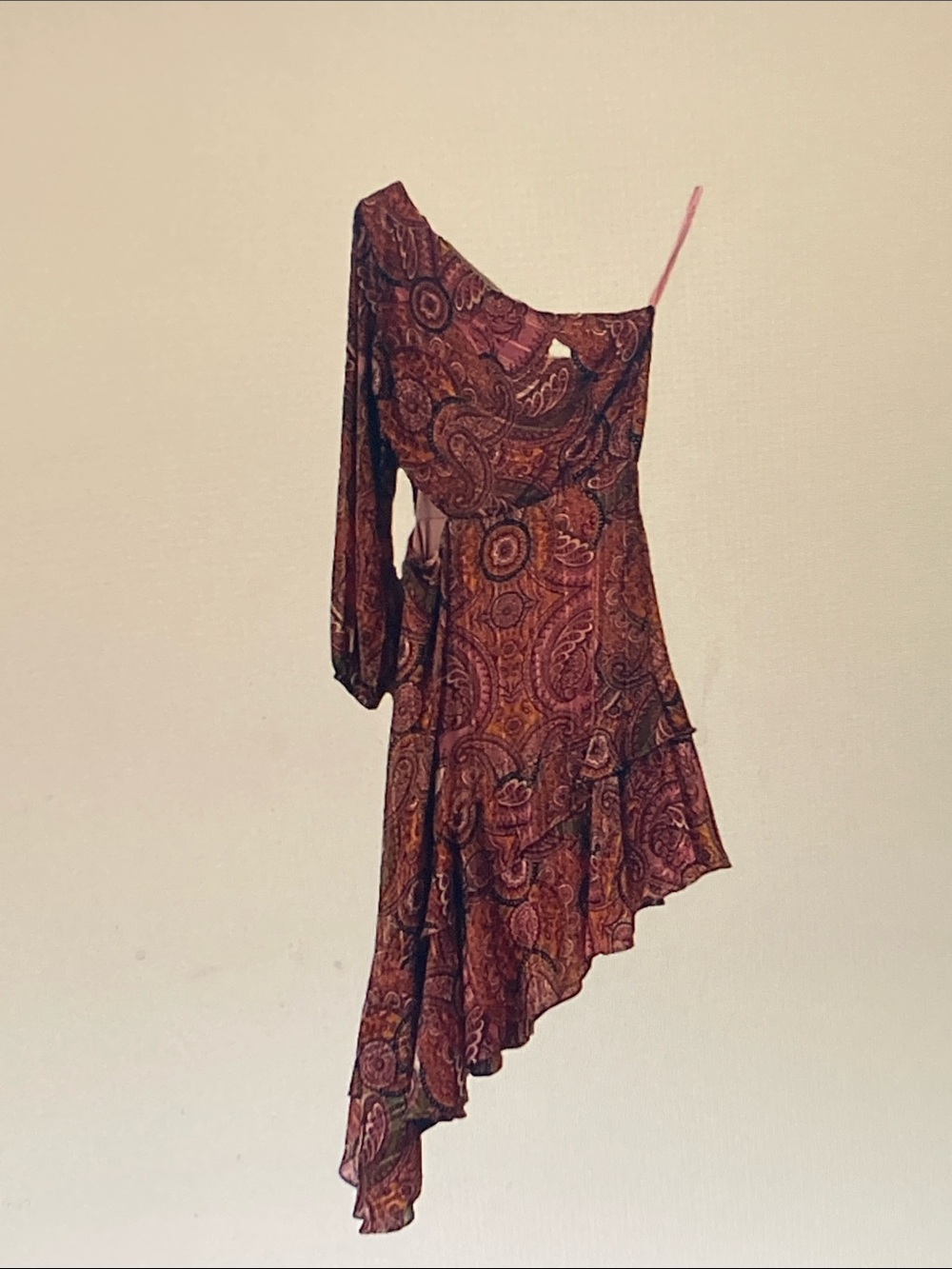 BCBG Asymmetrical One-Shoulder Paisley Dress in Rust and Pink